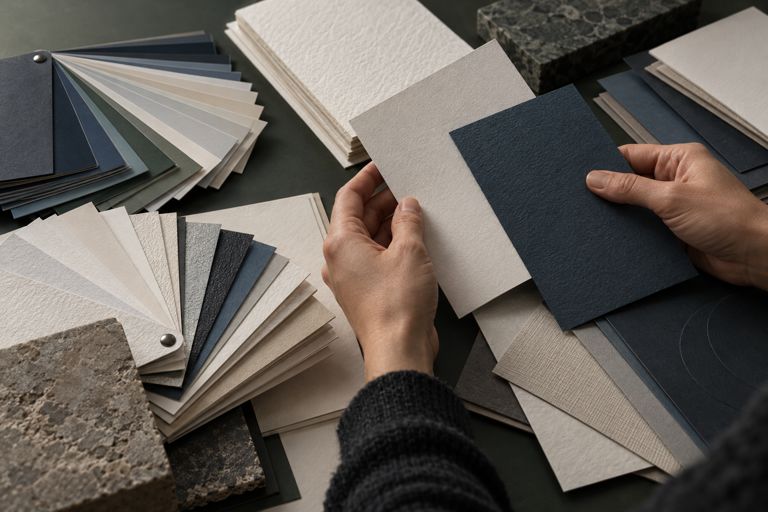 Papierwaaiers, kleurstalen en verschillende papiersoorten voor materiaaladvies